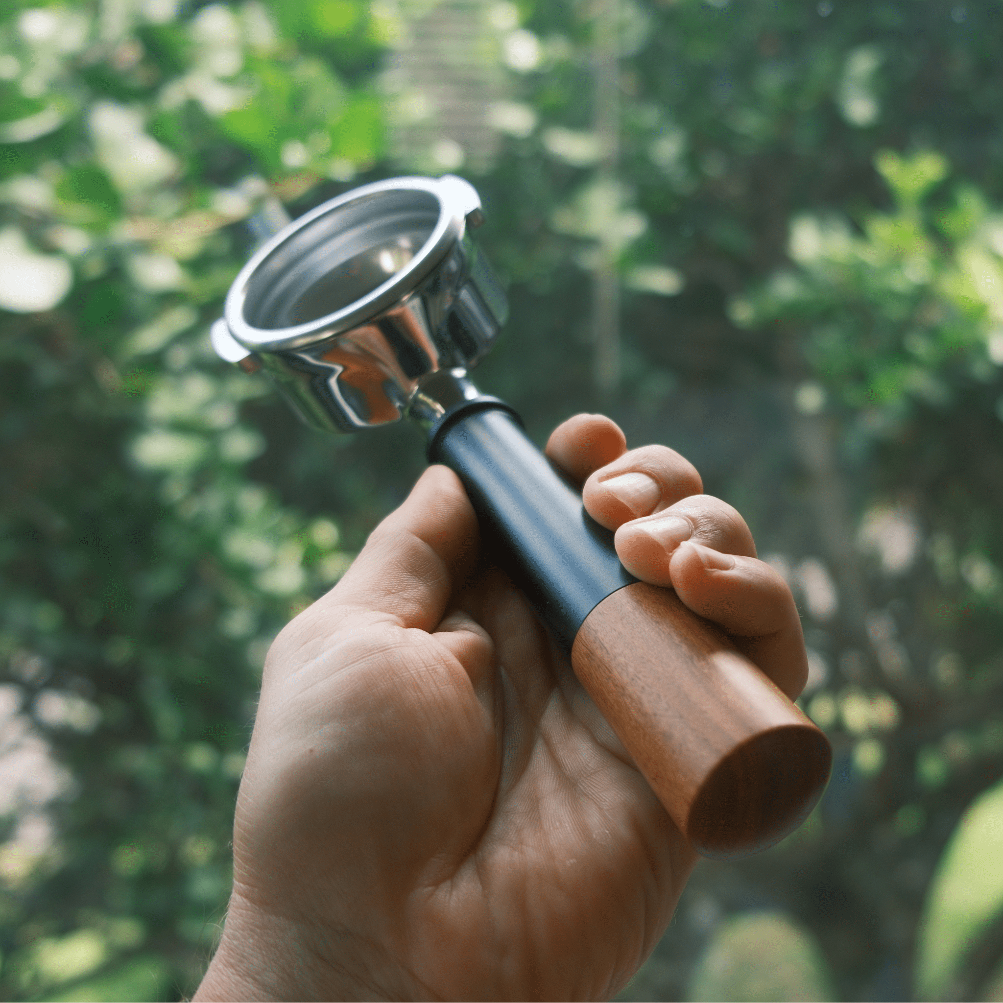 Breville 58mm Bottomless Portafilter – Aluminium & Rosewood Handle — lifestyle shot