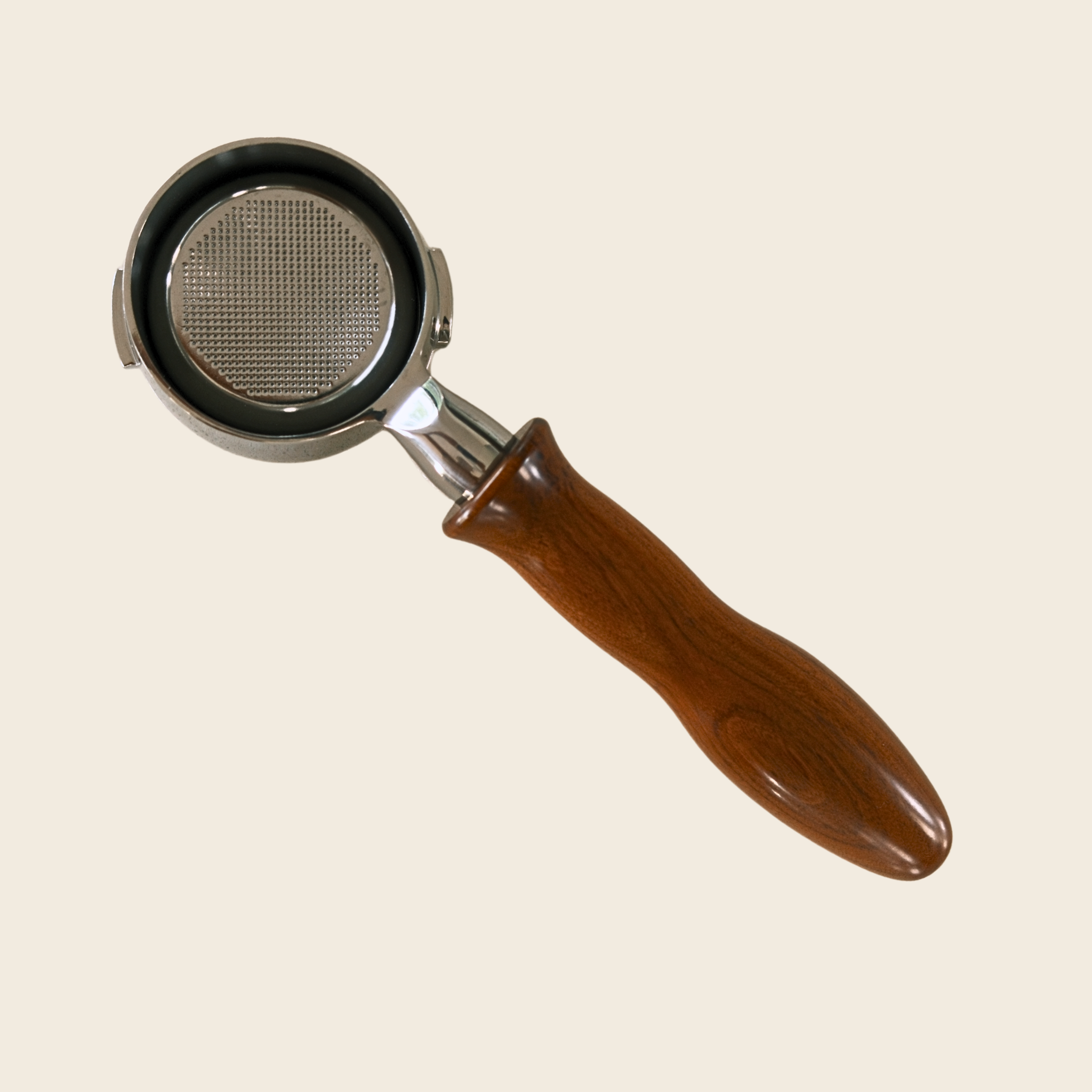 Gaggia Classic 58mm Bottomless Portafilter – Ergonomic Solid Timber Handle — detail view