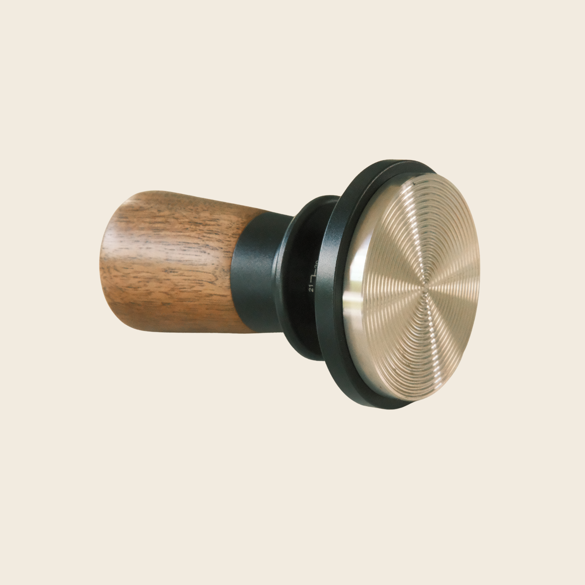 58mm Dual-Spring Self-Levelling Coffee Tamper — Black Walnut — detail view