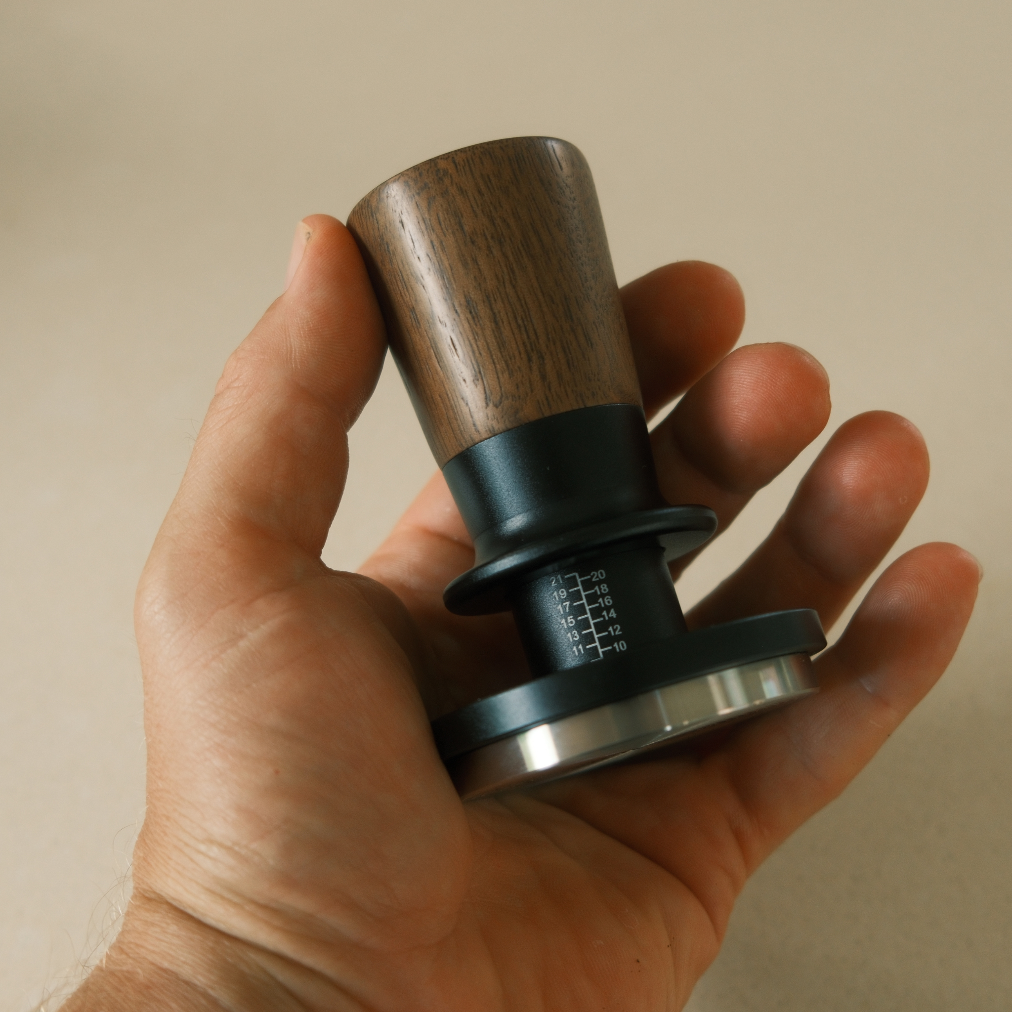 58mm Dual-Spring Self-Levelling Coffee Tamper — Black Walnut — alternate view