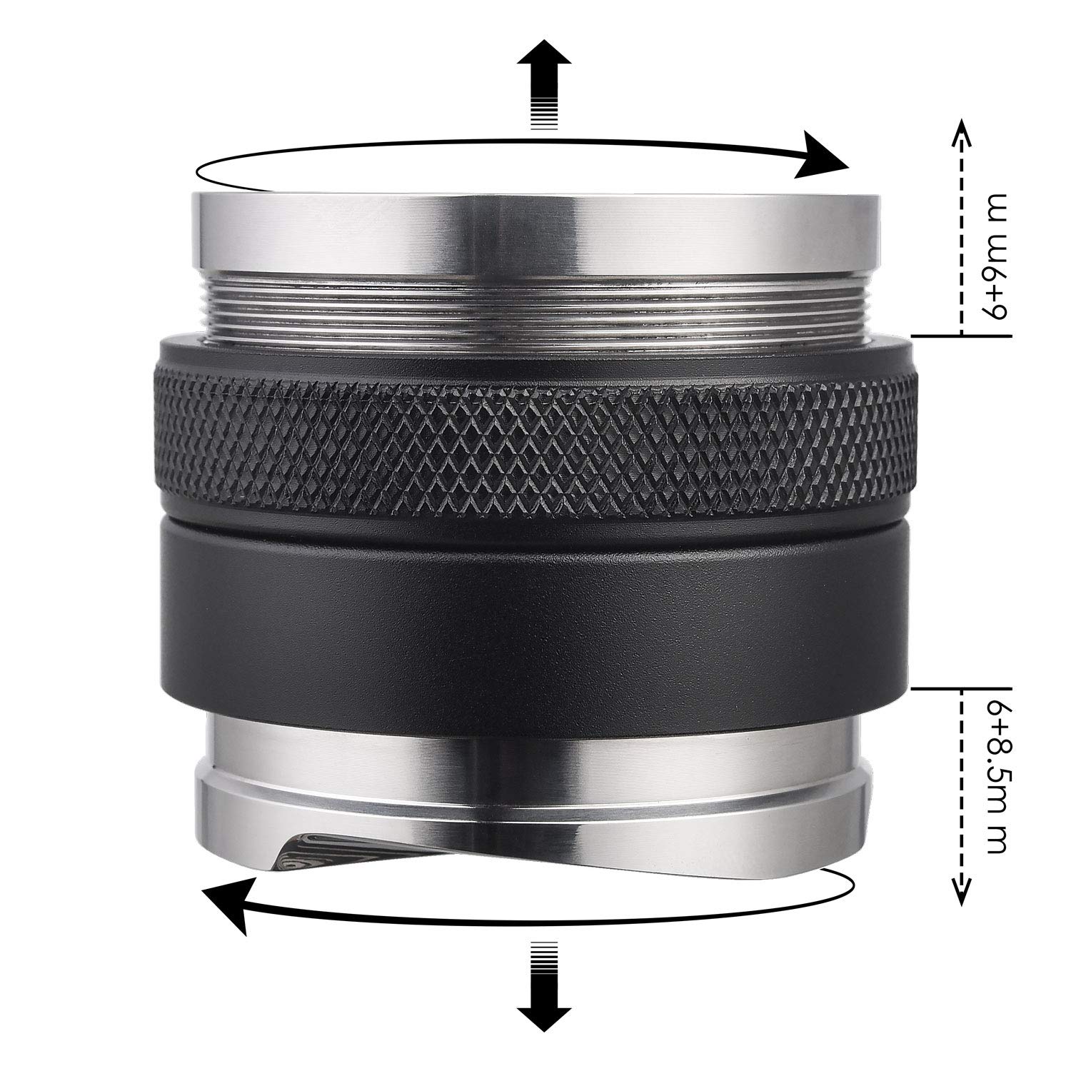 Adjustable 58mm espresso leveller and tamper showing depth screws