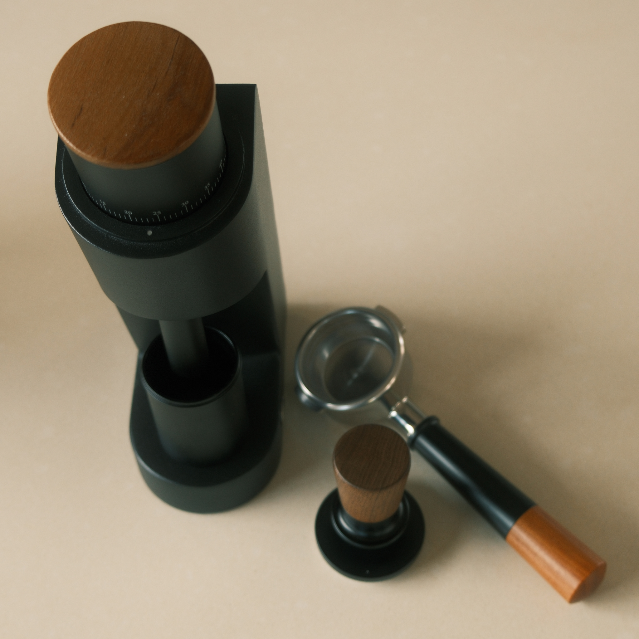 58mm Dual-Spring Self-Levelling Coffee Tamper — Black Walnut — lifestyle shot
