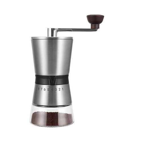 Manual coffee grinder with ceramic burrs and glass grounds container